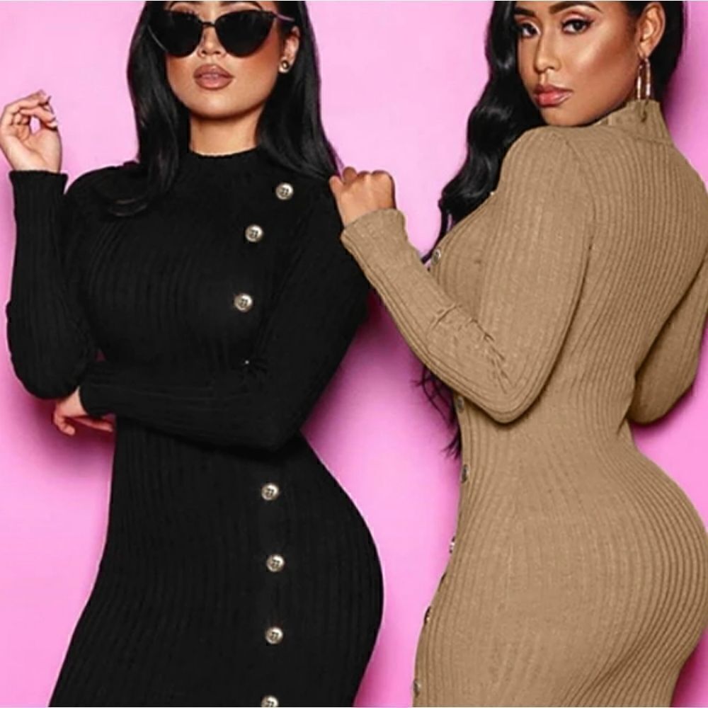  Ribbed Knit Mock Neck Fitted Dress M side button detail - Picture 4 of 13